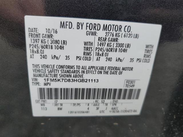 1FM5K7D83HGB21113 - 2017 FORD EXPLORER XLT GRAY photo 13