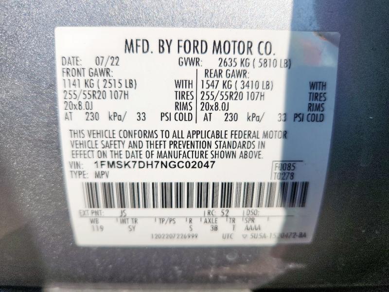 1FMSK7DH7NGC02047 - 2022 FORD EXPLORER XLT ვერცხლისფერი ფოტო 13