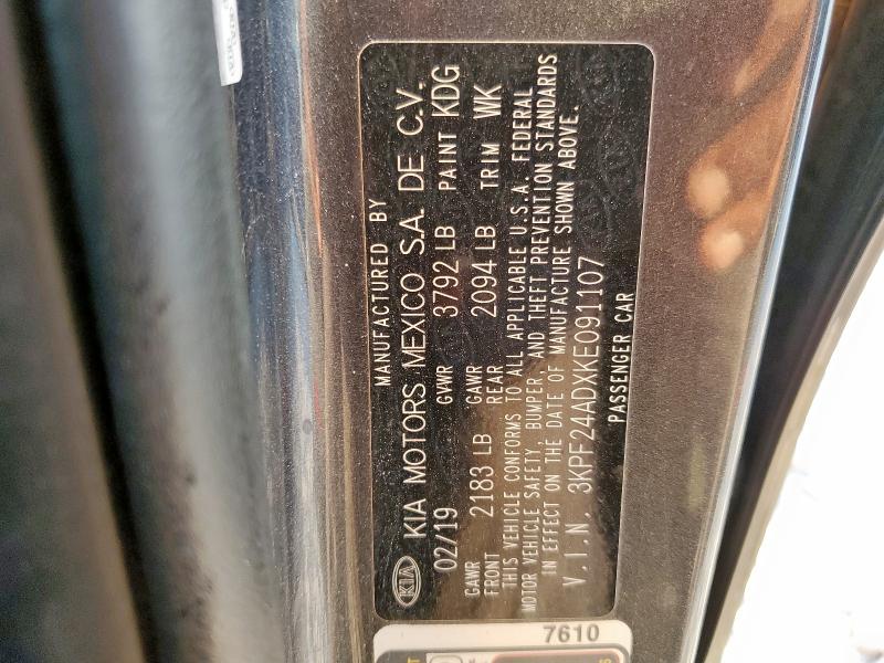 3KPF24ADXKE091107 - 2019 KIA FORTE FE გრაფიტი ფოტო 12