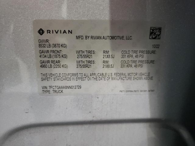 7FCTGAAA8NN012729 - 2022 RIVIAN R1T ADVENTURE SILVER photo 12