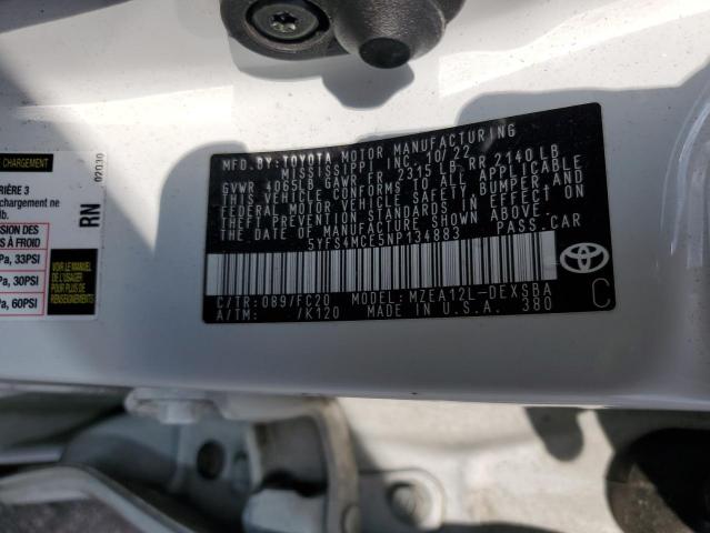 5YFS4MCE5NP134883 - 2022 TOYOTA COROLLA SE თეთრი ფოტო 12