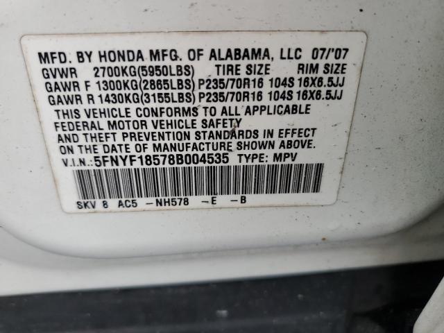 5FNYF18578B004535 - 2008 HONDA PILOT EXL WHITE photo 13