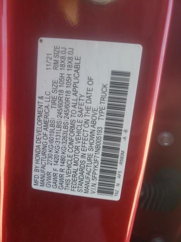 5FPYK3F71NB005193 - 2022 HONDA RIDGELINE RTL RED photo 12