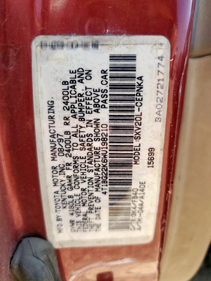 4T1BG22K6WU198210 - 1998 TOYOTA CAMRY CE Kırmızı fotoğraf 12