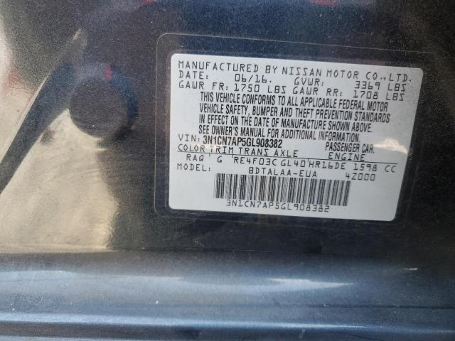 3N1CN7AP5GL908382 - 2016 NISSAN VERSA S BLUE photo 12