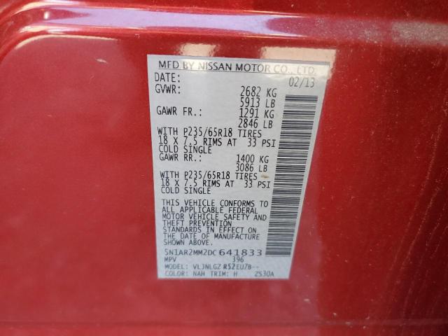 5N1AR2MM2DC641833 - 2013 NISSAN PATHFINDER S წითელი ფოტო 13