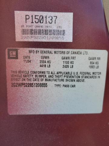 2G2WP522851208855 - 2005 PONTIAC GRAND PRIX ბურგუნდია ფოტო 12