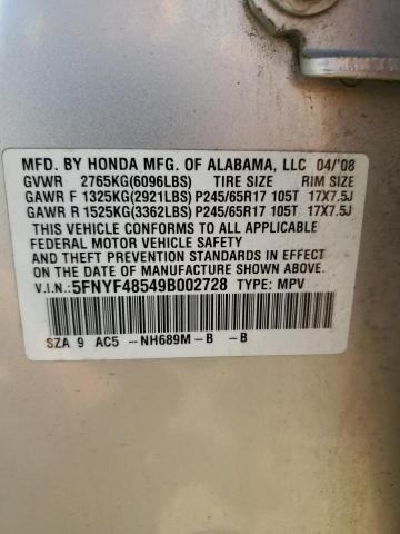 5FNYF48549B002728 - 2009 HONDA PILOT EXL SILVER photo 13