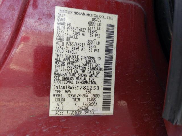 5N1AR18W55C781253 - 2005 NISSAN PATHFINDER LE 红色 照片 13