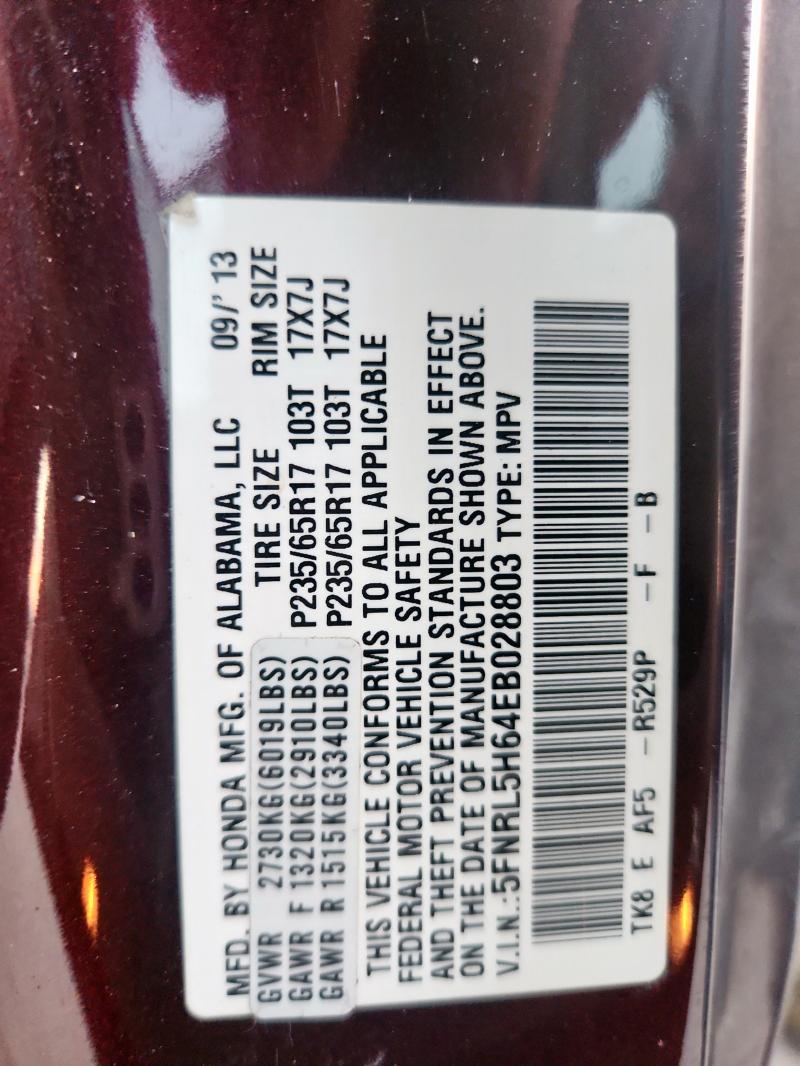 5FNRL5H64EB028803 - 2014 HONDA ODYSSEY EXL MAROON photo 14