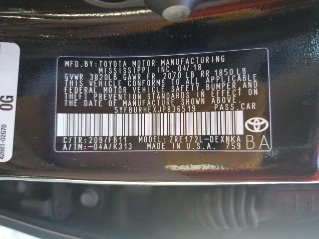 5YFBURHEXJP836519 - 2018 TOYOTA COROLLA L BLACK photo 12