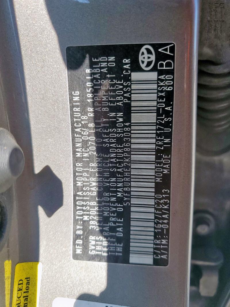 5YFBURHE2KP863084 - 2019 TOYOTA COROLLA L CHARCOAL photo 12