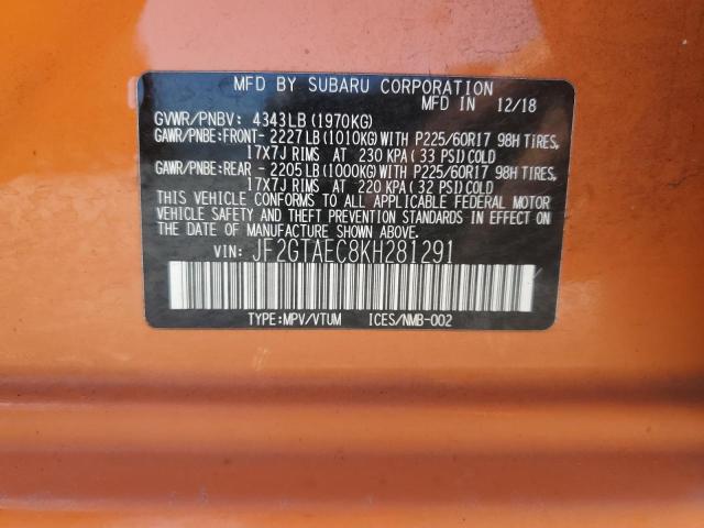 JF2GTAEC8KH281291 - 2019 SUBARU CROSSTREK PREMIUM Orange Foto 12