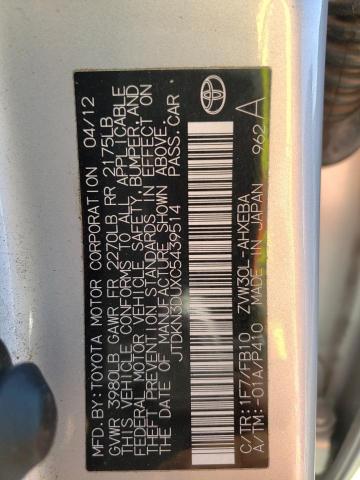 JTDKN3DUXC5439514 - 2012 TOYOTA PRIUS ვერცხლისფერი ფოტო 13