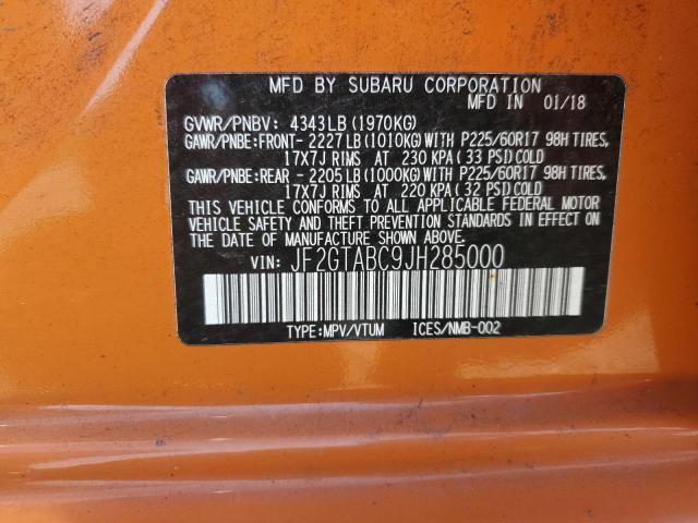 JF2GTABC9JH285000 - 2018 SUBARU CROSSTREK PREMIUM ORANGE photo 12