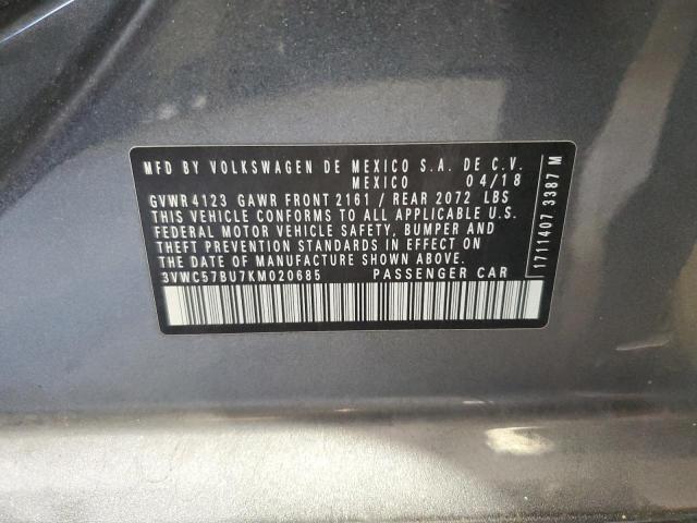 3VWC57BU7KM020685 - 2019 VOLKSWAGEN JETTA S 灰色 照片 12