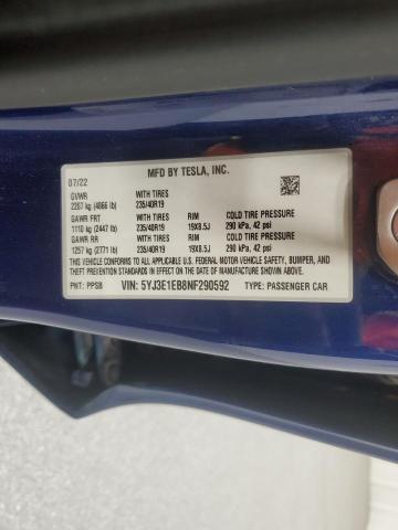 5YJ3E1EB8NF290592 - 2022 TESLA MODEL 3 Mavi foto 12