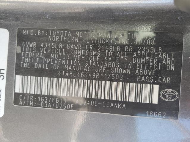 4T4BE46K49R117503 - 2009 TOYOTA CAMRY BASE GRAY photo 12