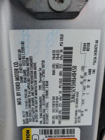 3LN6L5C93HR648450 - 2017 LINCOLN MKZ SELECT ვერცხლისფერი ფოტო 12