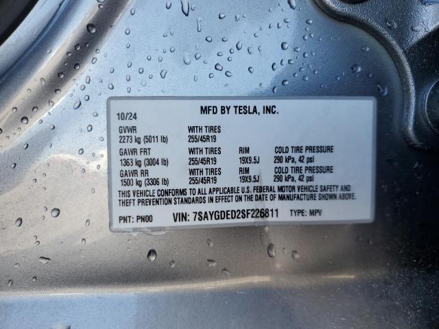 7SAYGDED2SF226811 - 2025 TESLA MODEL Y 灰色 照片 12
