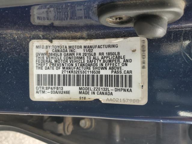 2T1KR32E53C116538 - 2003 TOYOTA COROLLA MA XR BLUE photo 12
