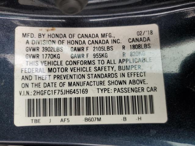 2HGFC1F75JH645169 - 2018 HONDA CIVIC EXL ნაცრისფერი ფოტო 13