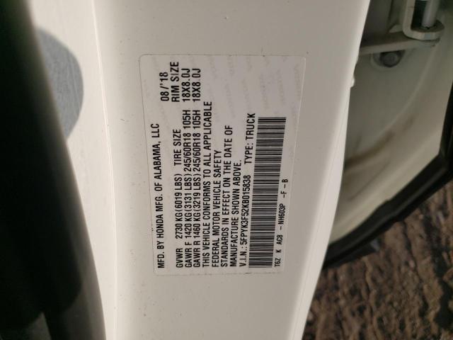 5FPYK3F52KB015838 - 2019 HONDA RIDGELINE RTL Սպիտակ լուսանկար 12