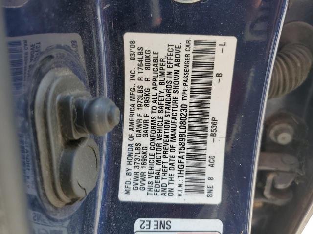1HGFA15898L080230 - 2008 HONDA CIVIC EX BLUE photo 12