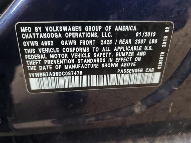 1VWBN7A36DC087478 - 2013 VOLKSWAGEN PASSAT SE BLUE photo 13
