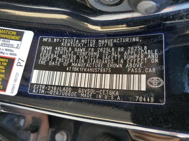 4T1BK1FK4HU578975 - 2017 TOYOTA CAMRY XSE BLACK photo 12