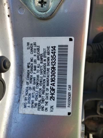 2HGFA16309H335414 - 2009 HONDA CIVIC VP SILVER photo 12