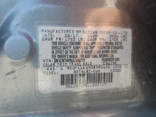 3N1CN7AP0JL805717 - 2018 NISSAN VERSA S GRAY photo 12