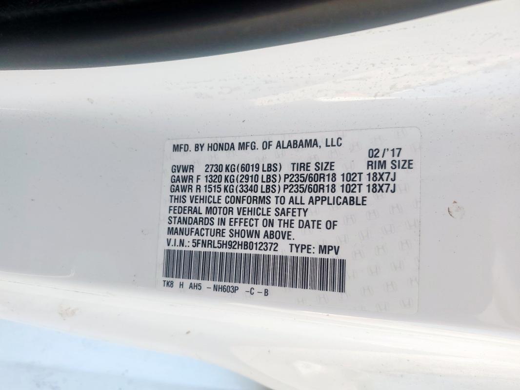 5FNRL5H92HB012372 - 2017 HONDA ODYSSEY TOURING Ağ foto 13