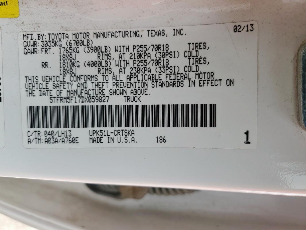 5TFRM5F17DX059827 - 2013 TOYOTA TUNDRA DOUBLE CAB SR5 WHITE photo 12