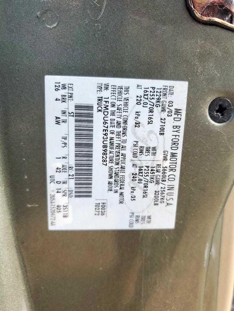 1FMDU67E93UB98287 - 2003 FORD EXPLORER S TAN photo 12