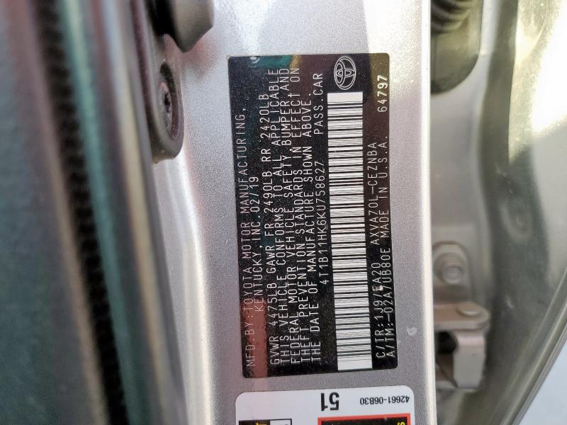 4T1B11HK6KU758627 - 2019 TOYOTA CAMRY L SILVER photo 12