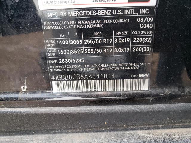 4JGBB8GB6AA541814 - 2010 MERCEDES-BENZ ML 350 4MATIC BLACK photo 12