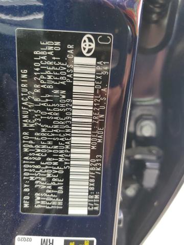 5YFEPMAEXNP390329 - 2022 TOYOTA COROLLA LE BLUE photo 12