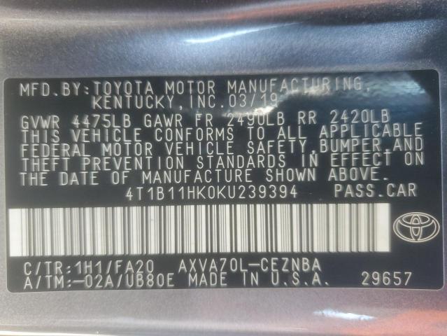 4T1B11HK0KU239394 - 2019 TOYOTA CAMRY L GRAY photo 12