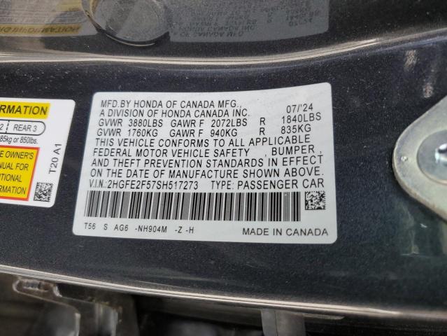2HGFE2F57SH517273 - 2025 HONDA CIVIC SPORT CHARCOAL photo 12