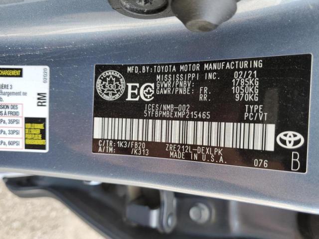 5YFBPMBEXMP215465 - 2021 TOYOTA COROLLA LE GRAY photo 12