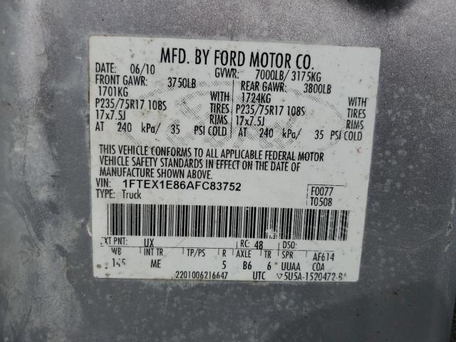 1FTEX1E86AFC83752 - 2010 FORD F150 SUPER CAB SILVER photo 12