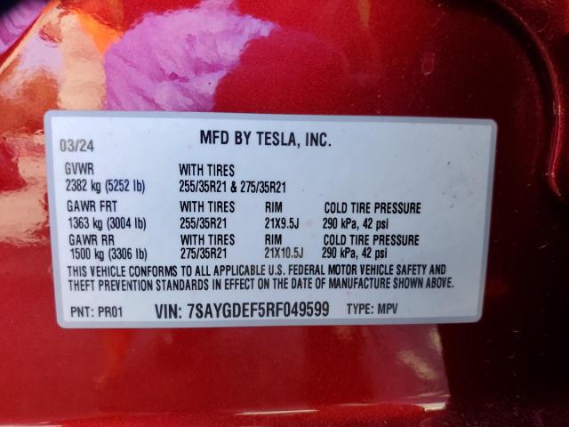 7SAYGDEF5RF049599 - 2024 TESLA MODEL Y RED photo 13