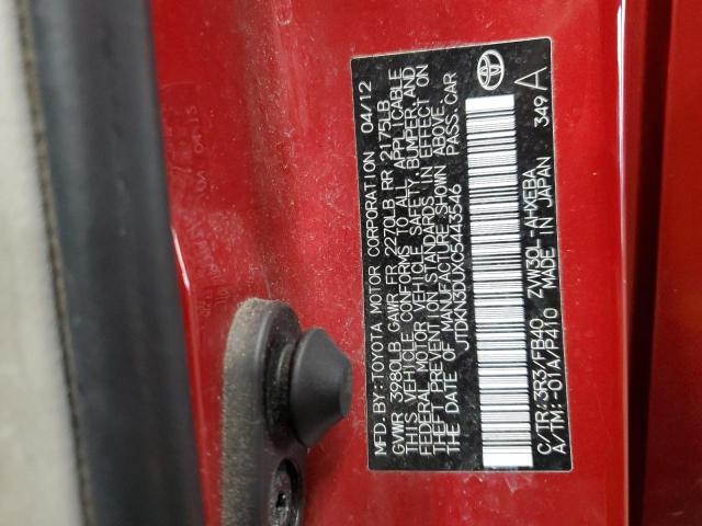 JTDKN3DUXC5443546 - 2012 TOYOTA PRIUS RED photo 12