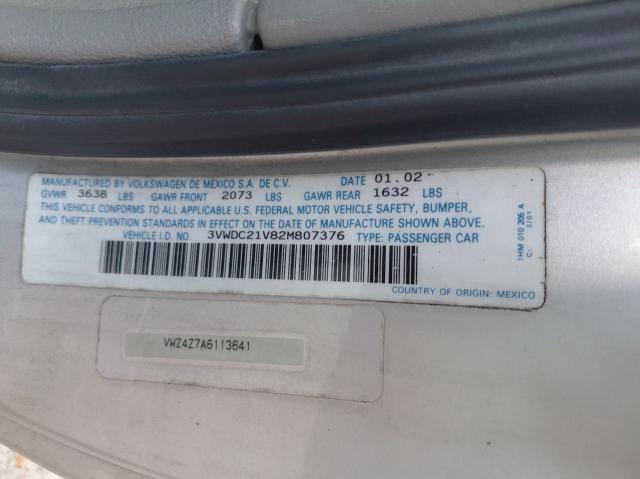 3VWDC21V82M807376 - 2002 VOLKSWAGEN CABRIO GLX 银色 照片 10