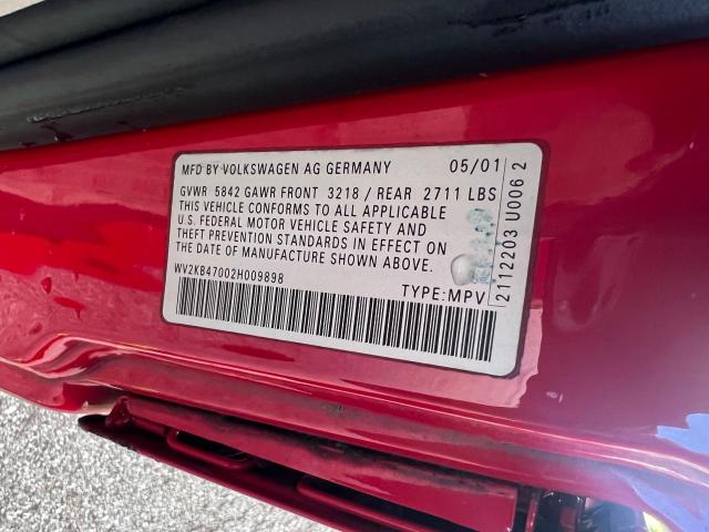 WV2KB47002H009898 - 2002 VOLKSWAGEN EUROVAN GLS RED photo 10