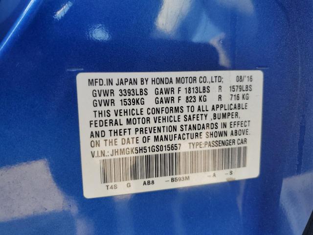 JHMGK5H51GS015657 - 2016 HONDA FIT LX BLUE photo 12