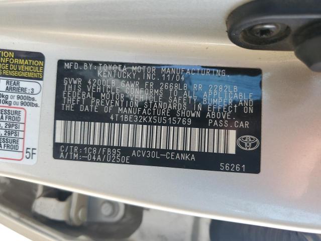 4T1BE32KX5U515769 - 2005 TOYOTA CAMRY LE SILVER photo 12