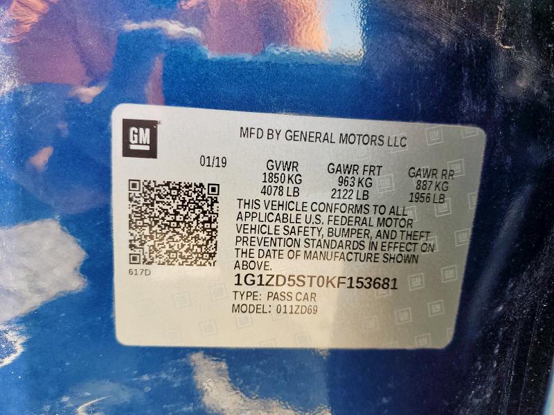 1G1ZD5ST0KF153681 - 2019 CHEVROLET MALIBU LT ლურჯი ფოტო 12