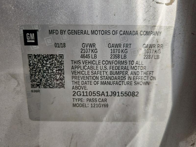 2G1105SA1J9155082 - 2018 CHEVROLET IMPALA LT ვერცხლისფერი ფოტო 13